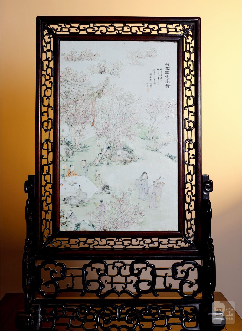 清光绪 罗旸谷浅绛彩「桃李园夜宴图」瓷板插屏